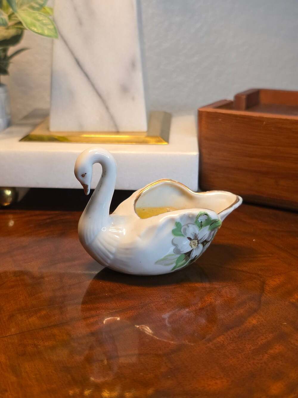 Vintage Lugene's Porcelain Swan Candle with Floral Decal and Gold Trim